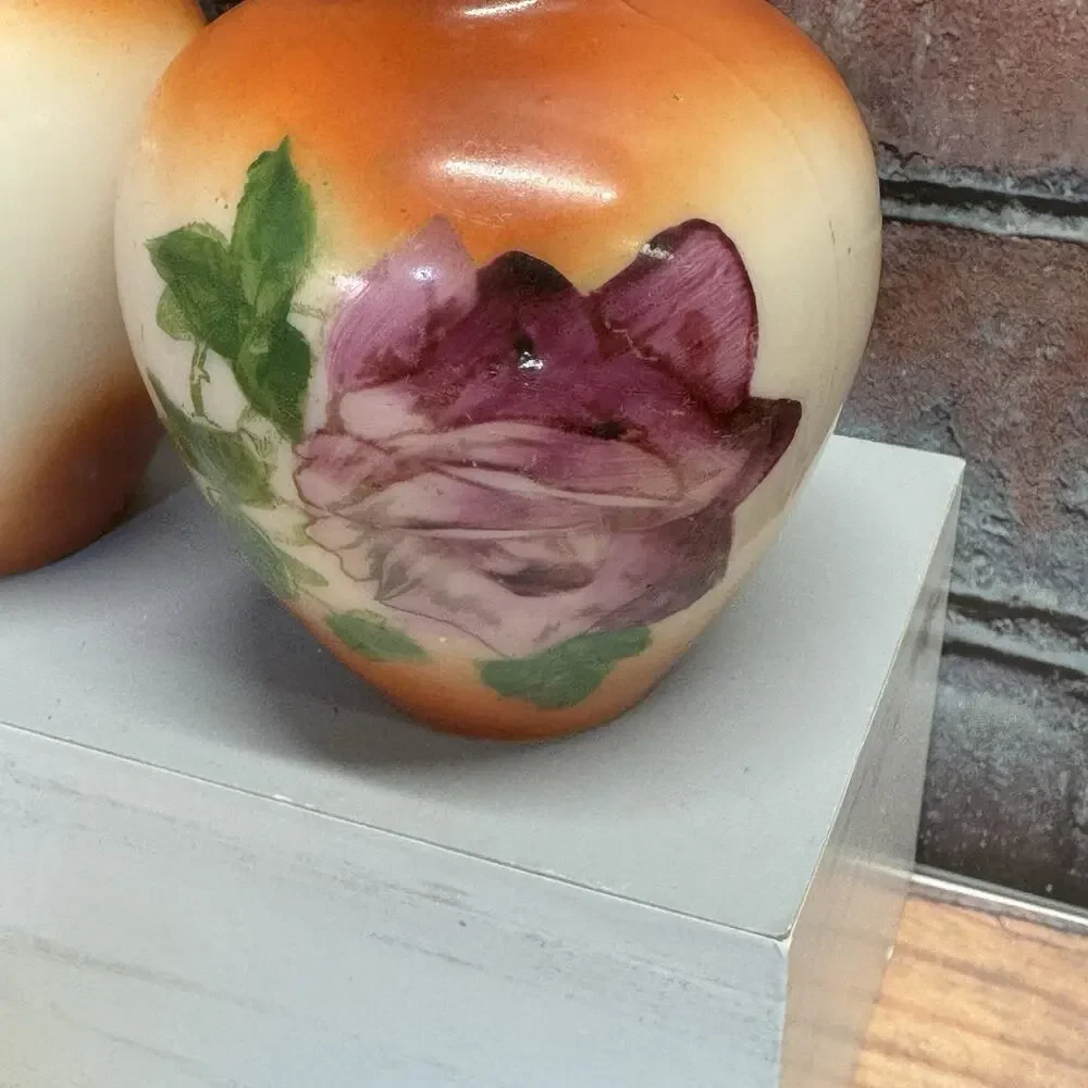 Set of 2 Antique 1900-1920's Fostoria Milk Glass Bulbous Vases Hand-Painted Rose